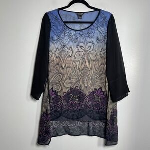 CITRON Sheer Overlay Print Tunic Top Medium Black Multicolor 3/4 Sleeve Artsy‎